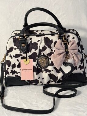 Viral Juicy Couture Black & White Cow Print Satchel with Pink Bow Charm